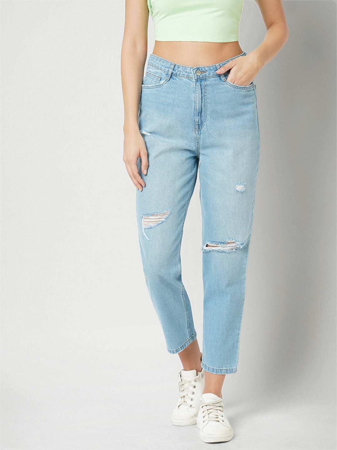 Women Light Blue High Rise Mom Fit Ripped Jeans