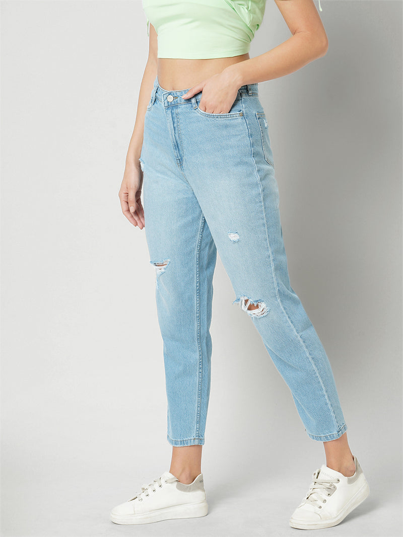 Women Light Blue High Rise Mom Fit Ripped Jeans