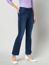 Women Dark Blue High Rise Mini Flare Jeans