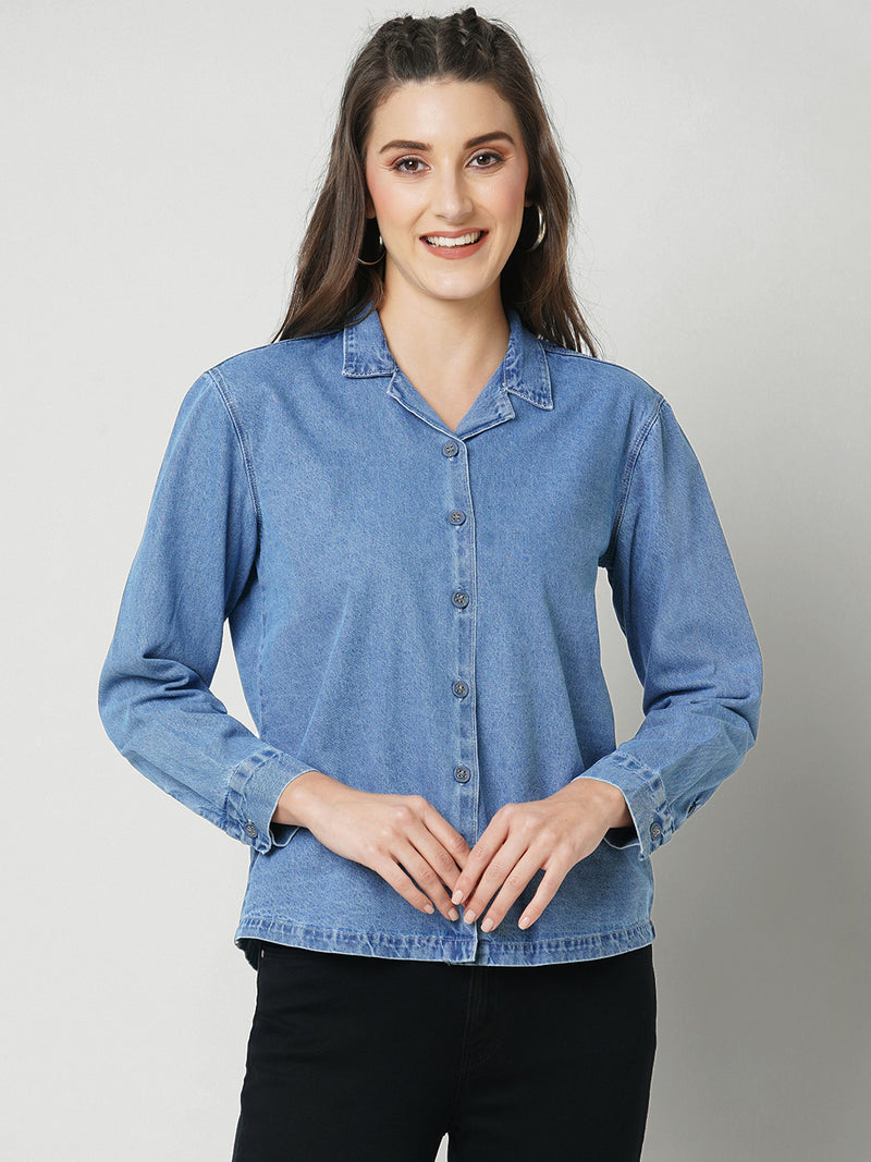 Women Blue Solid Oversized Denim Shirt