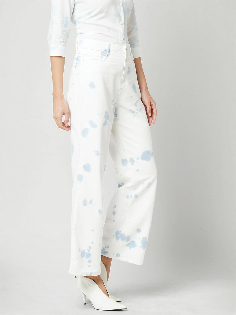 Women Aqua White High Rise Wide Leg Jeans