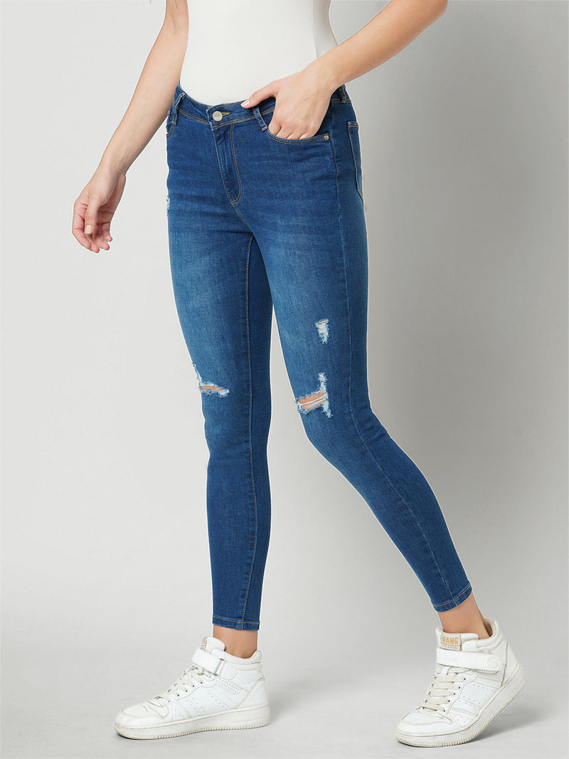 Women Dark Blue High Rise Skinny Fit Ripped Jeans