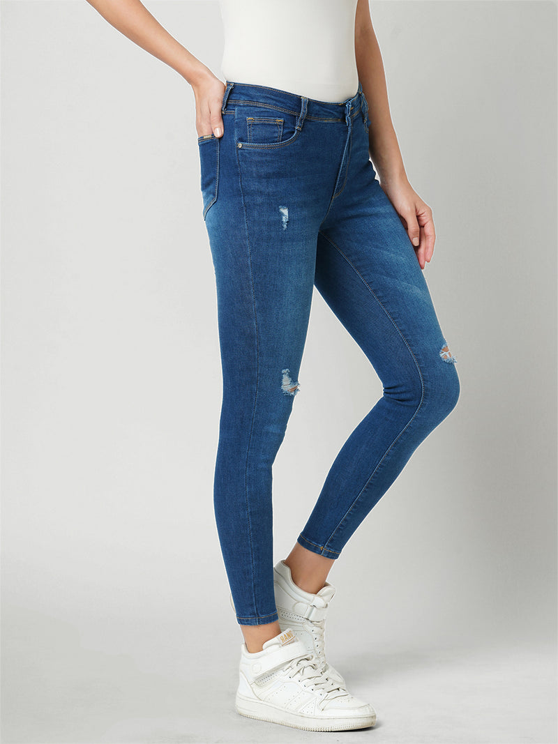 Women Dark Blue High Rise Skinny Fit Ripped Jeans