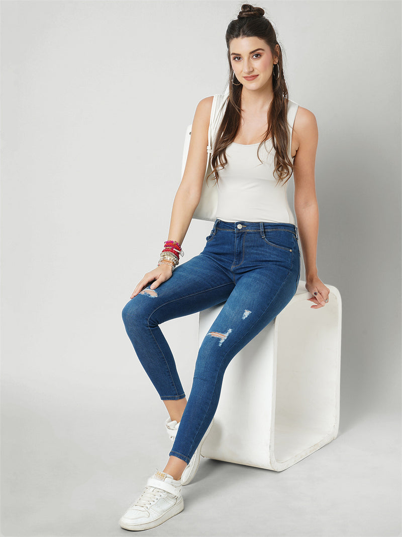 Women Dark Blue High Rise Skinny Fit Ripped Jeans