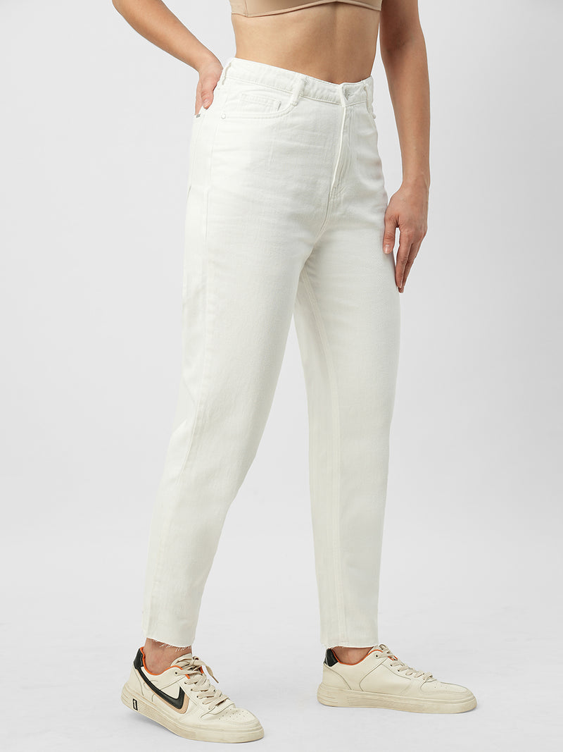 Women White High Rise Mom Fit