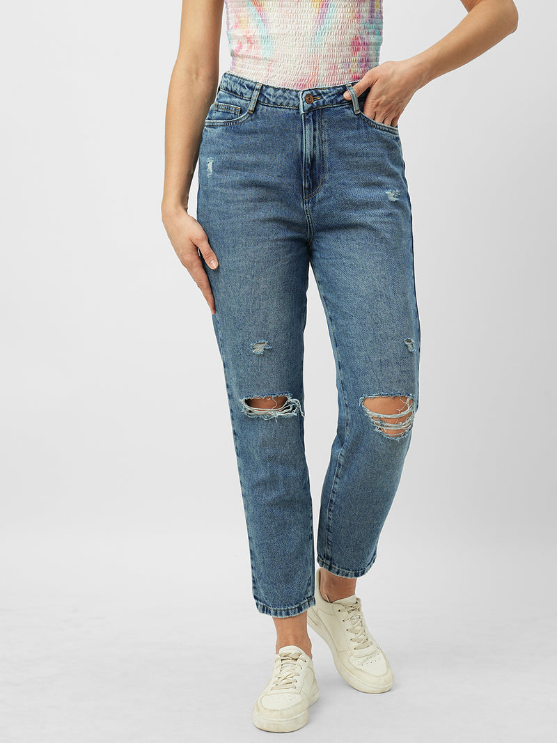 Women Blue High Rise Mom Fit Knee Blowout Ripped Jeans