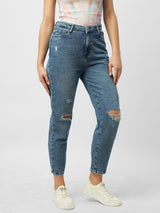 Women Blue High Rise Mom Fit Knee Blowout Ripped Jeans