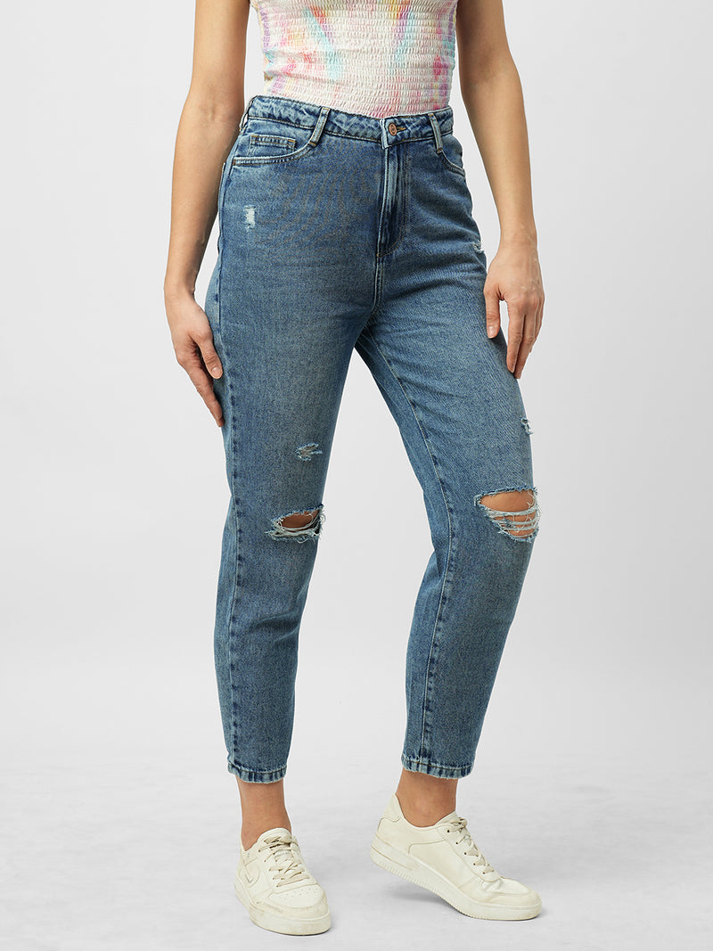 Women Blue High Rise Mom Fit Knee Blowout Ripped Jeans
