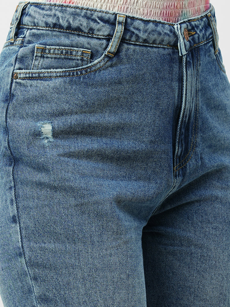 Women Blue High Rise Mom Fit Knee Blowout Ripped Jeans