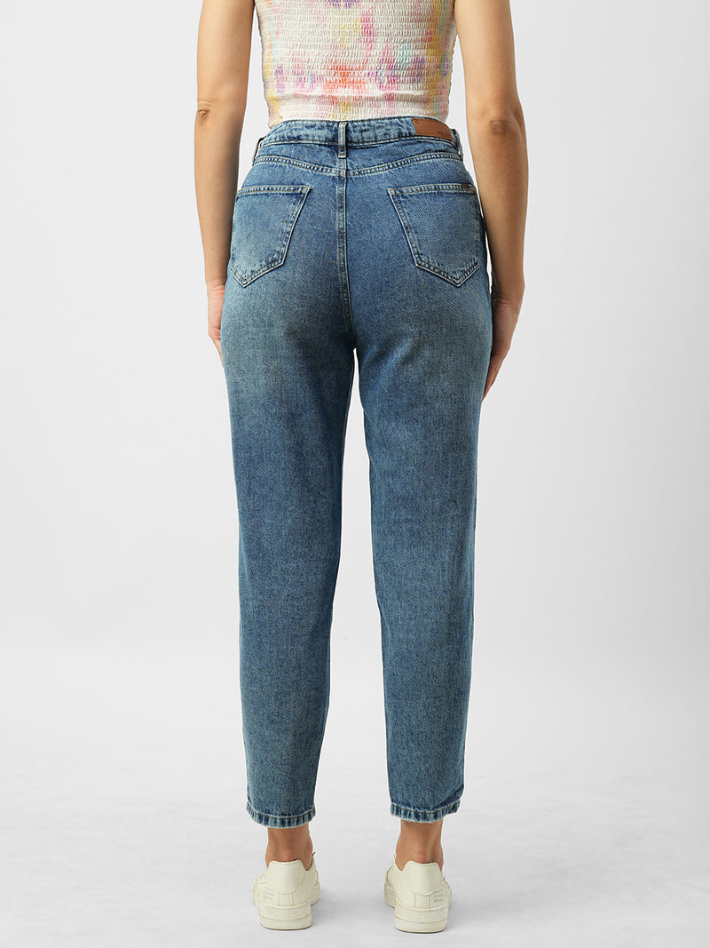 Women Blue High Rise Mom Fit Knee Blowout Ripped Jeans