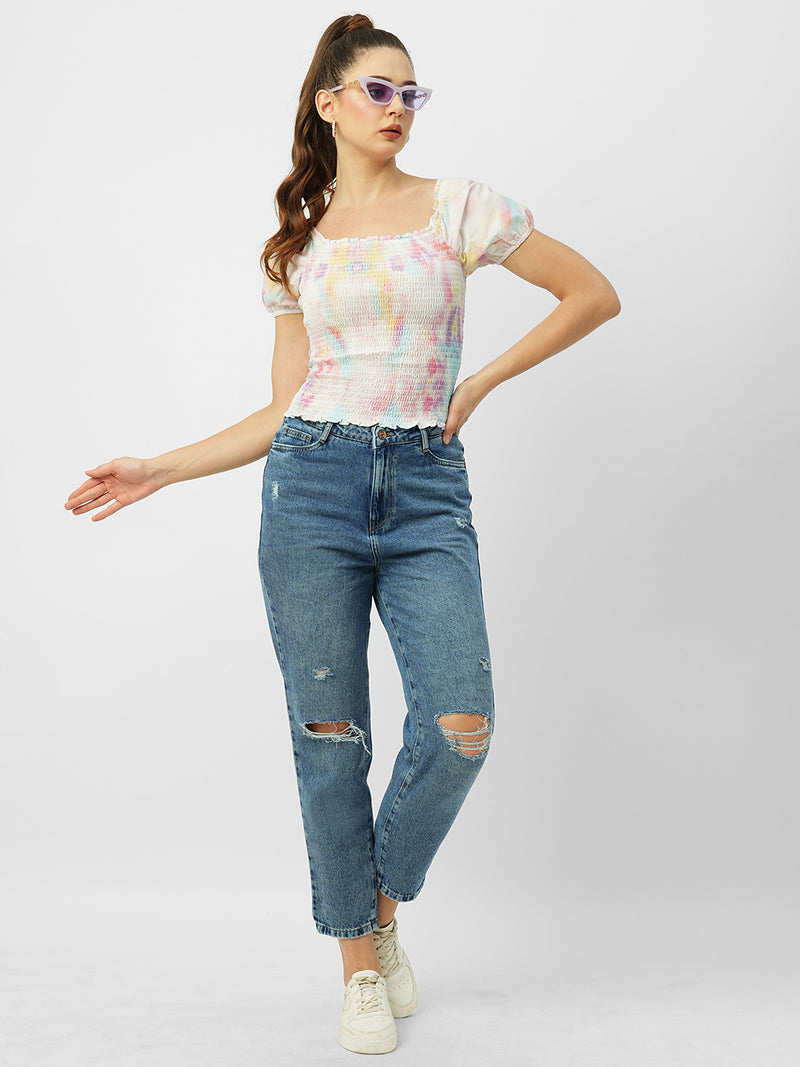 Women Blue High Rise Mom Fit Knee Blowout Ripped Jeans