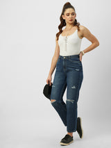 Women Dark Blue High Rise Loose Straight Fit Ripped Jeans