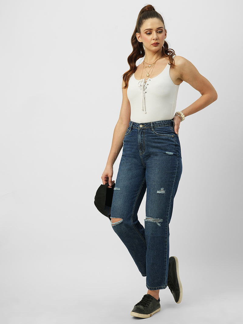 Women Dark Blue High Rise Loose Straight Fit Ripped Jeans
