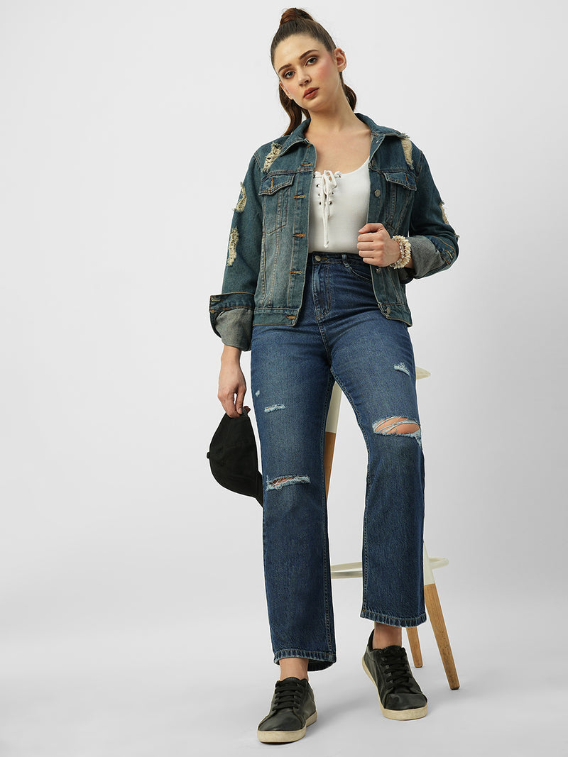 Women Dark Blue High Rise Loose Straight Fit Ripped Jeans