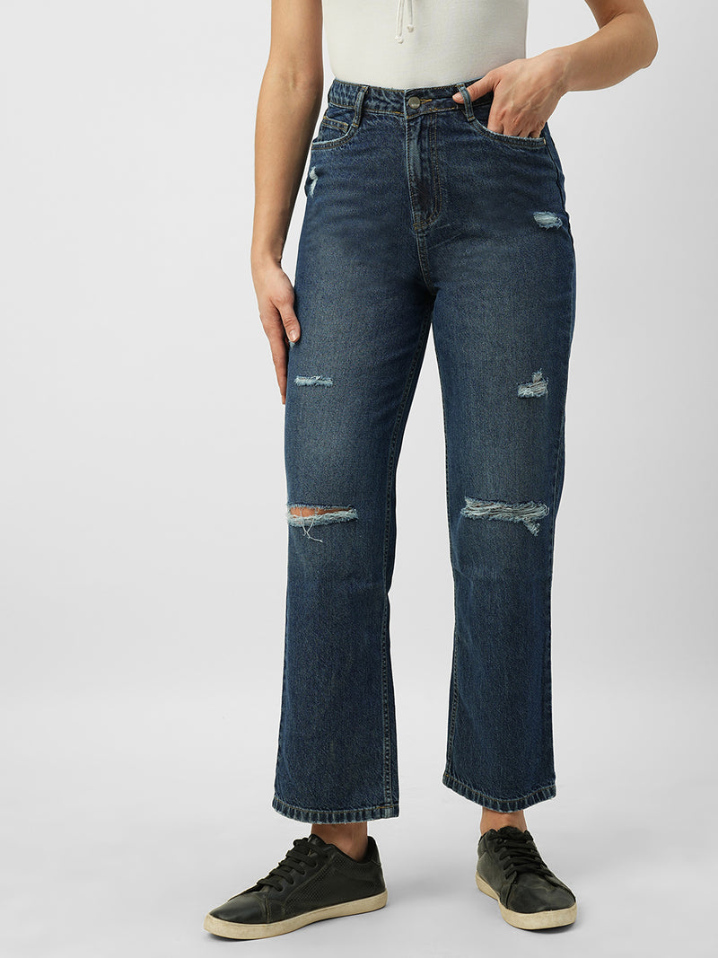 Women Dark Blue High Rise Loose Straight Fit Ripped Jeans