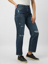 Women Dark Blue High Rise Loose Straight Fit Ripped Jeans