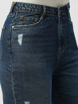 Women Dark Blue High Rise Loose Straight Fit Ripped Jeans