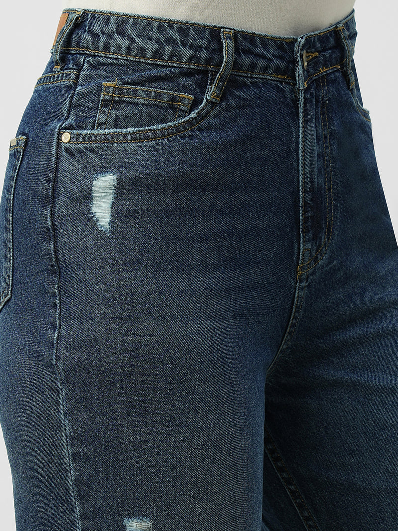Women Dark Blue High Rise Loose Straight Fit Ripped Jeans