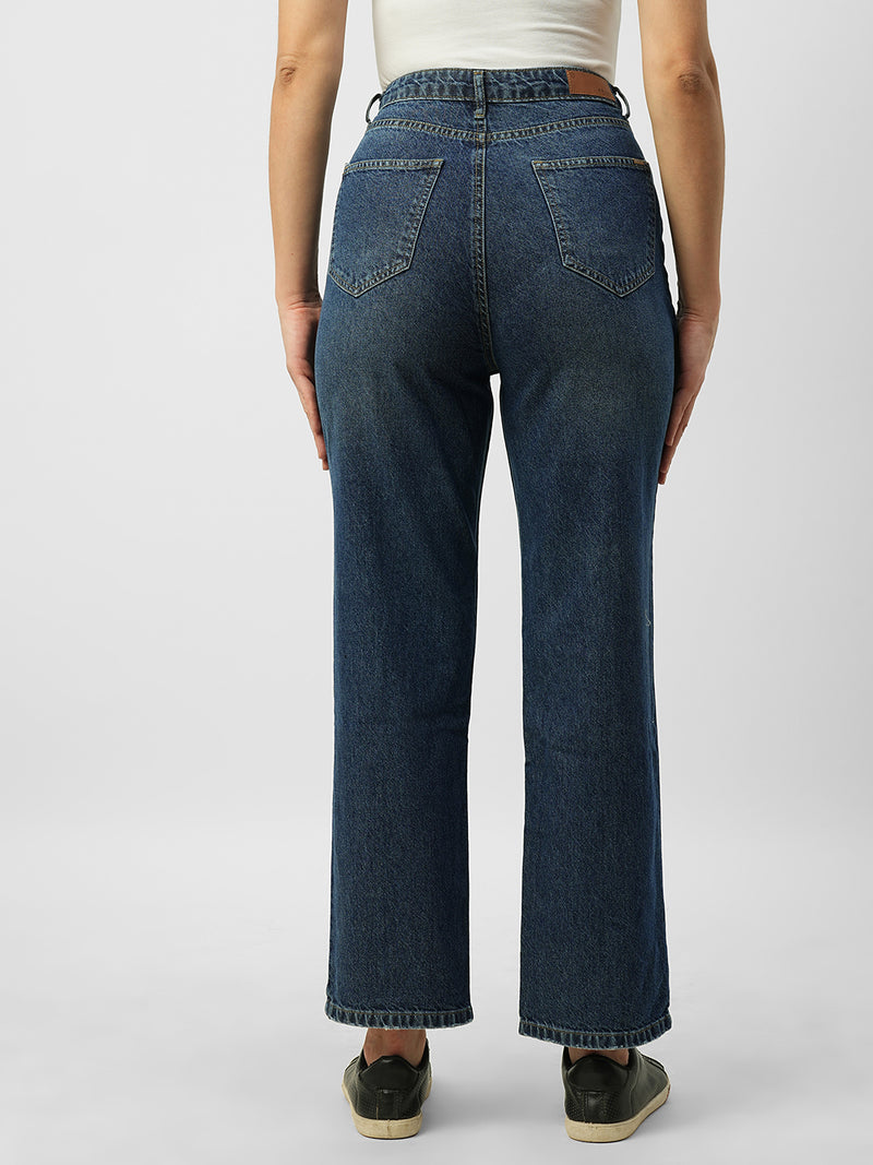Women Dark Blue High Rise Loose Straight Fit Ripped Jeans