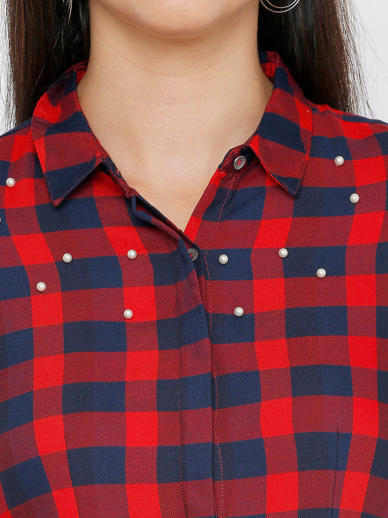 Women Red & Navy Checked Shirts - Red Navy