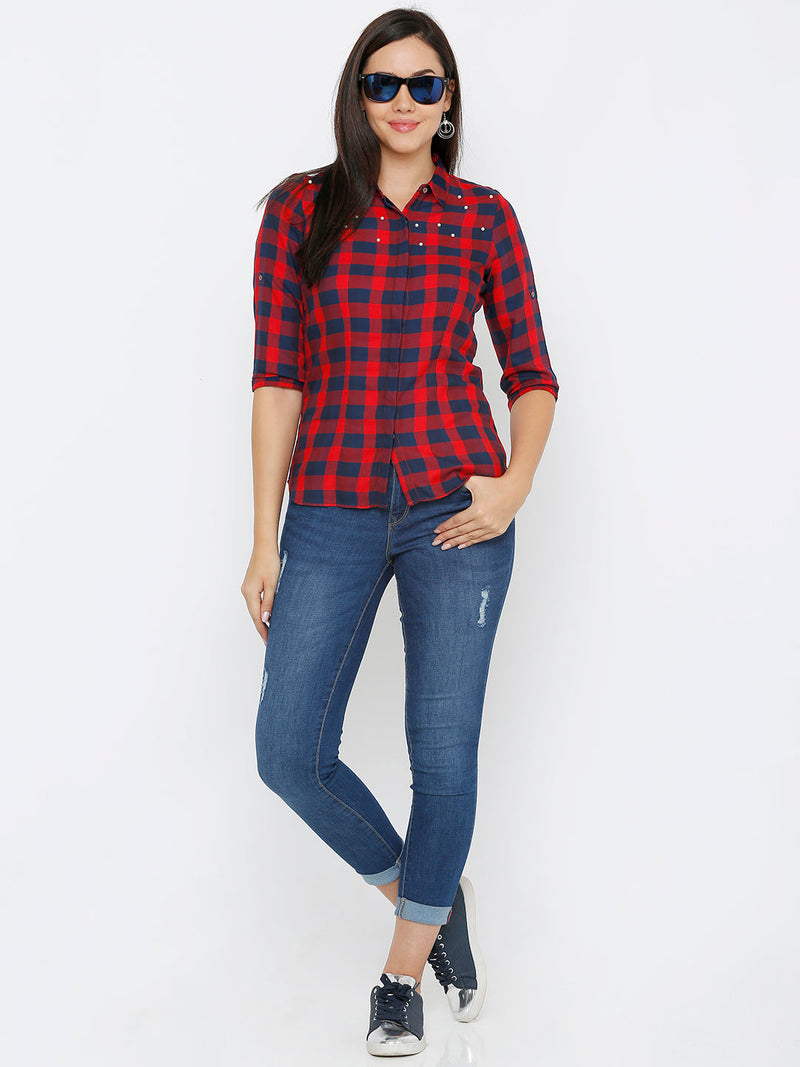 Women Red & Navy Checked Shirts - Red Navy