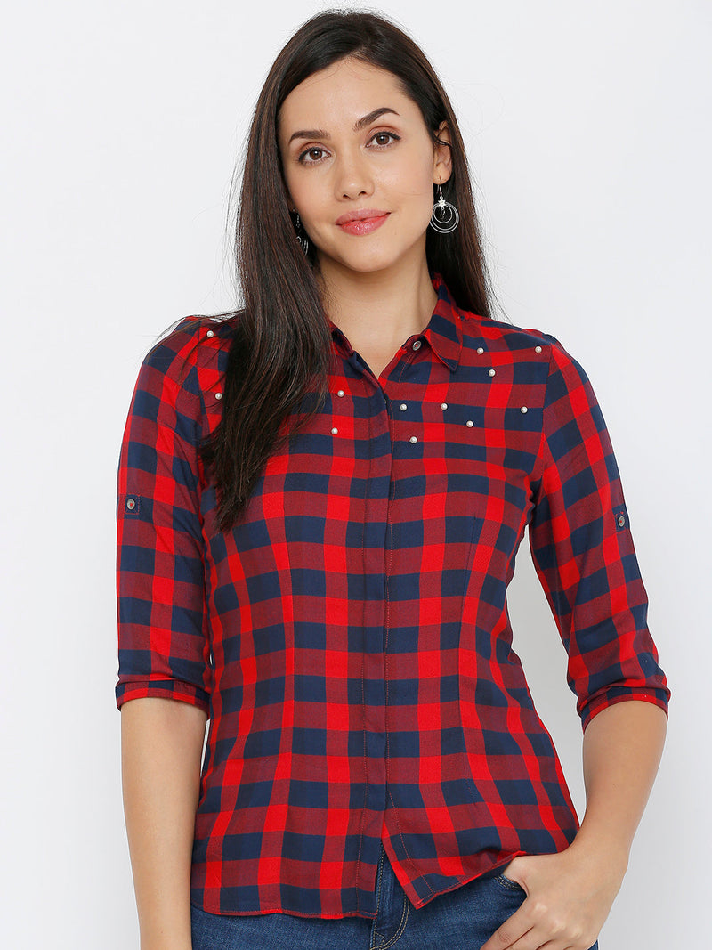 Women Red & Navy Checked Shirts - Red Navy