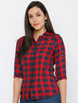 Women Red & Navy Checked Shirts - Red Navy