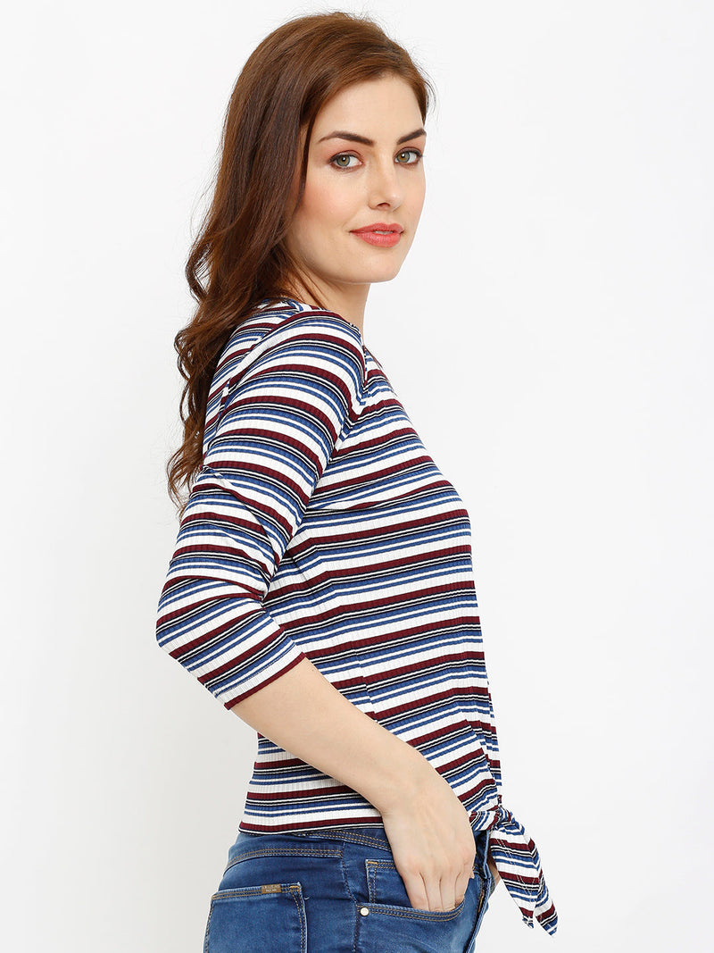 Women Red & Blue Striped T-Shirts - Red Blue