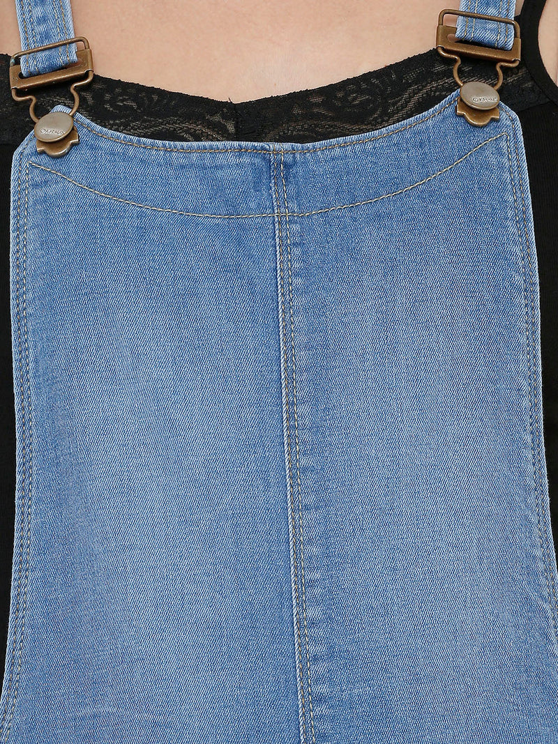Women Mid Blue Solid Short Dungrees - Mid Blue