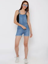 Women Mid Blue Solid Short Dungrees - Mid Blue
