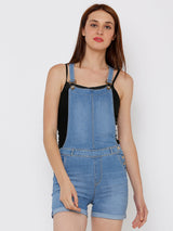 Women Mid Blue Solid Short Dungrees - Mid Blue