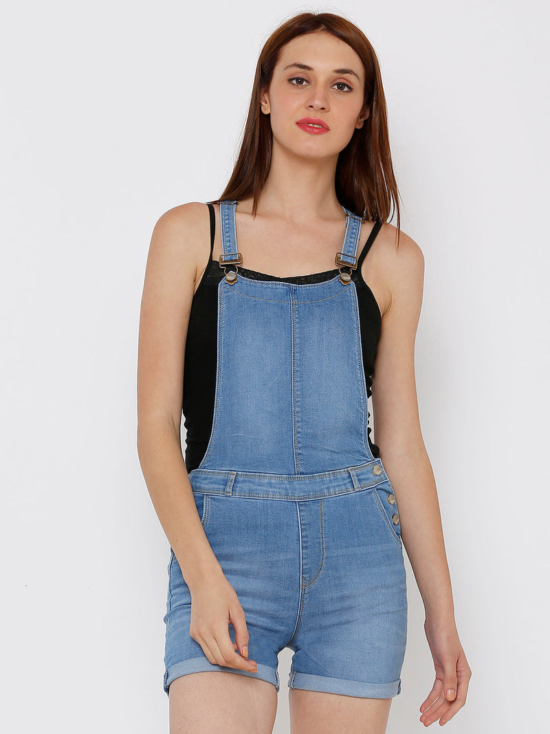 Women Mid Blue Solid Short Dungrees - Mid Blue