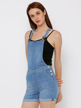 Women Mid Blue Solid Short Dungrees - Mid Blue