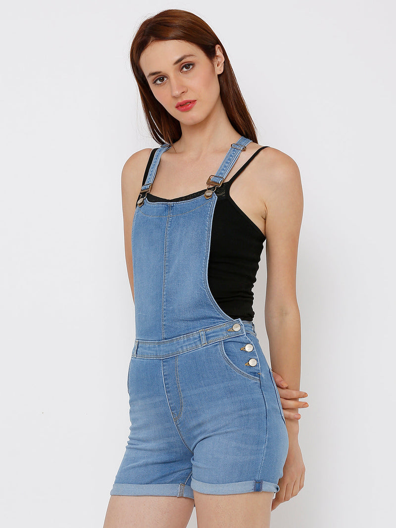 Women Mid Blue Solid Short Dungrees - Mid Blue