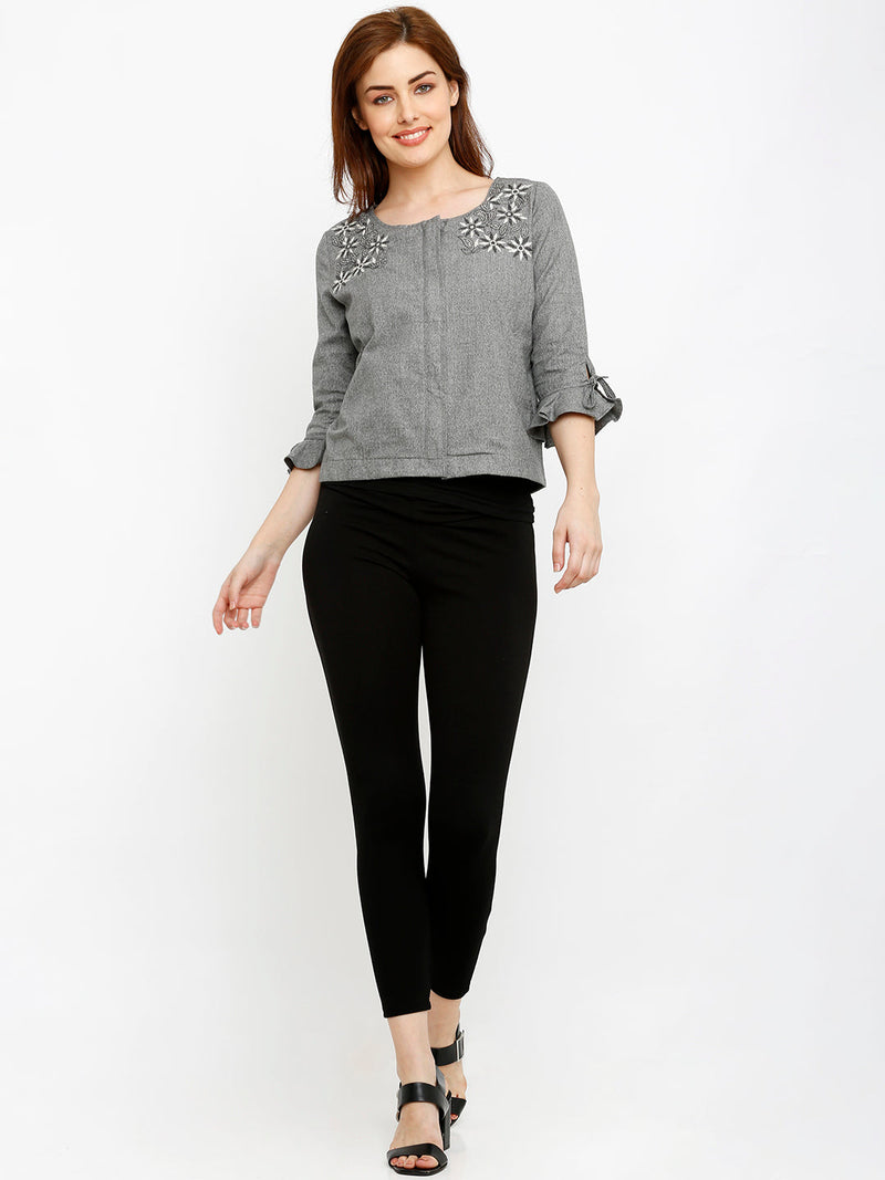 Women Grey Printed Jackets - Grey