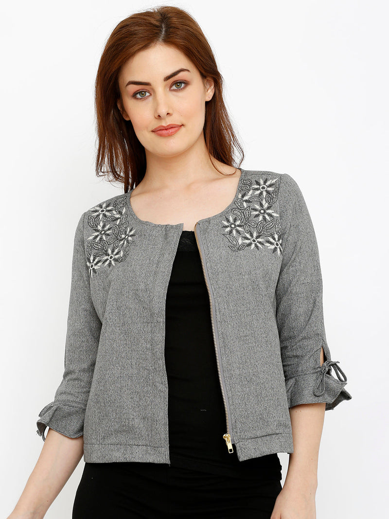 Women Grey Printed Jackets - Grey