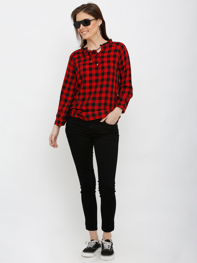 Women Red & Black Checked Checks Top - Red Black
