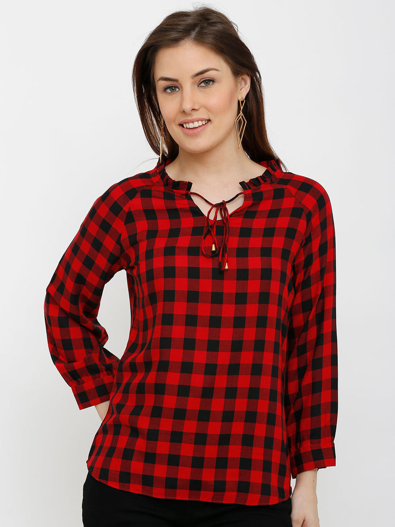 Women Red & Black Checked Checks Top - Red Black