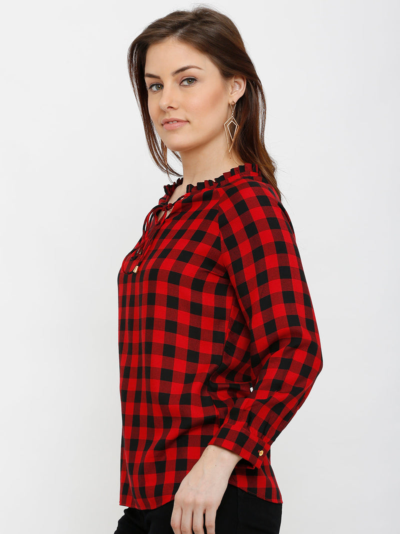 Women Red & Black Checked Checks Top - Red Black