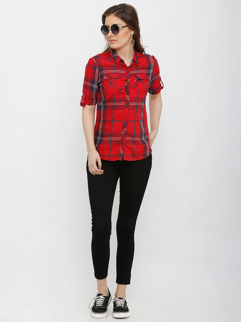 Women Red Checked Shirts - Red