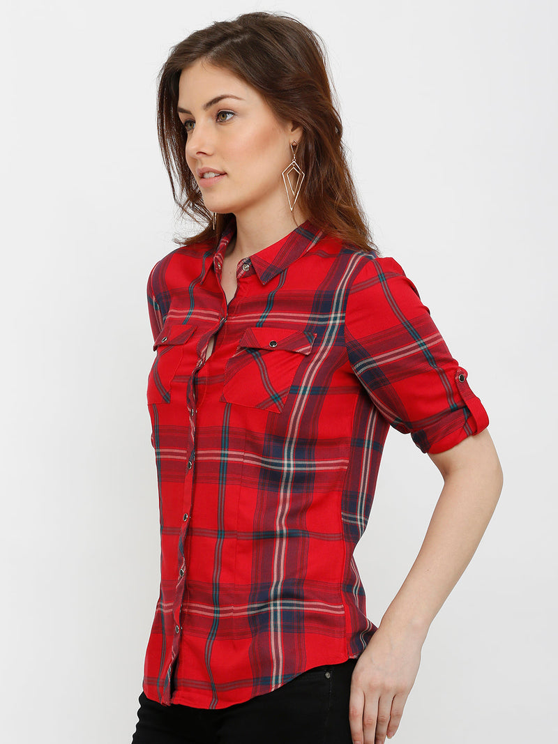 Women Red Checked Shirts - Red