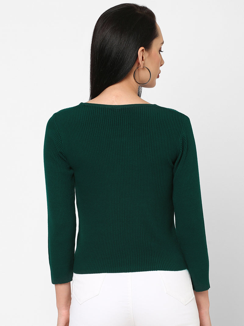 Women Green Solid Flat Knit Sweater