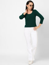 Women Green Solid Flat Knit Sweater