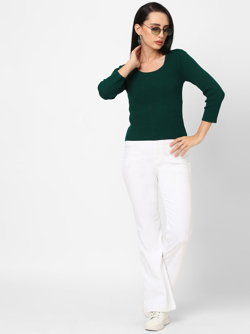 Women Green Solid Flat Knit Sweater