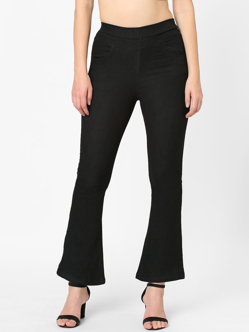 Women Black High Rise Flare Jeggings