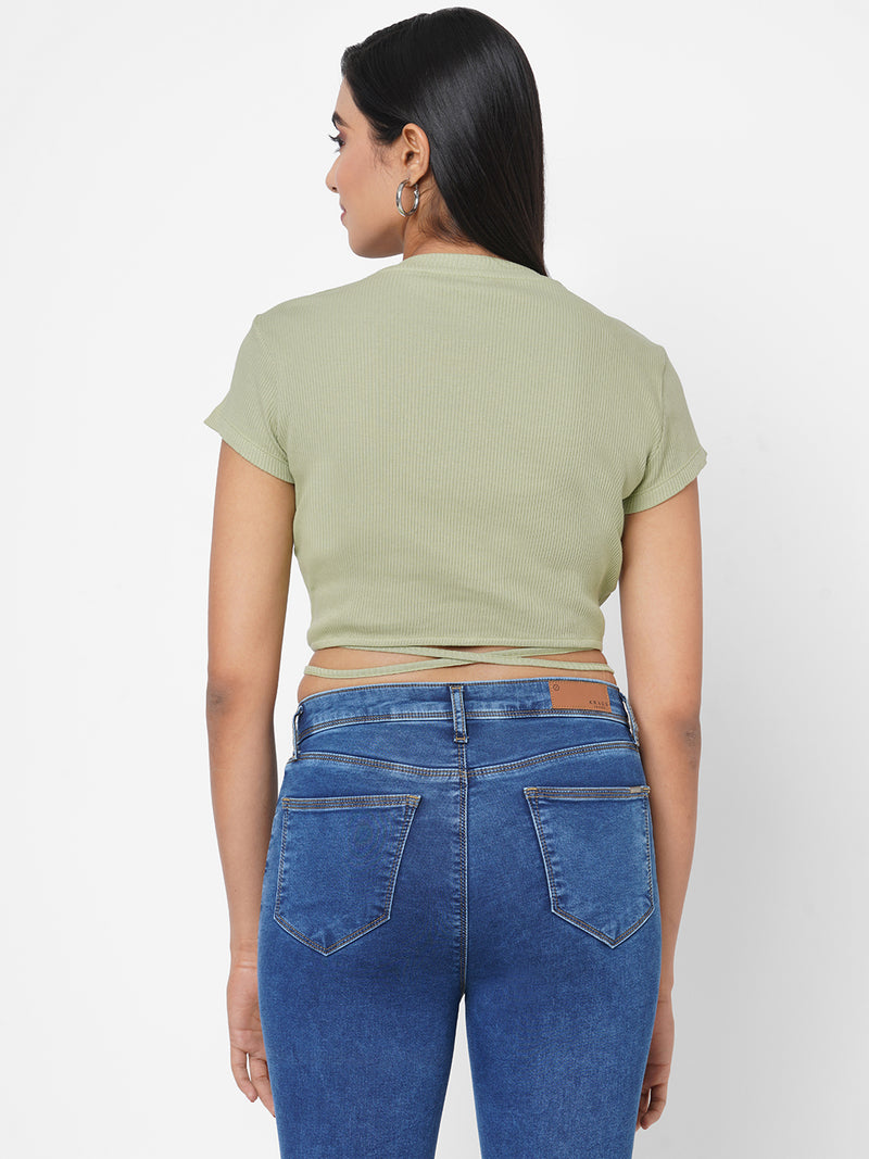 Women Mint Green Solid Tie-Up Rib T-Shirt