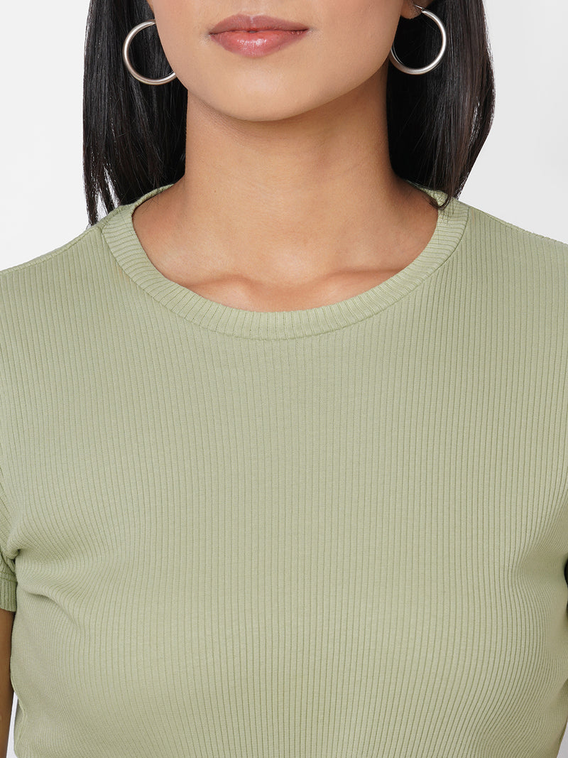Women Mint Green Solid Tie-Up Rib T-Shirt