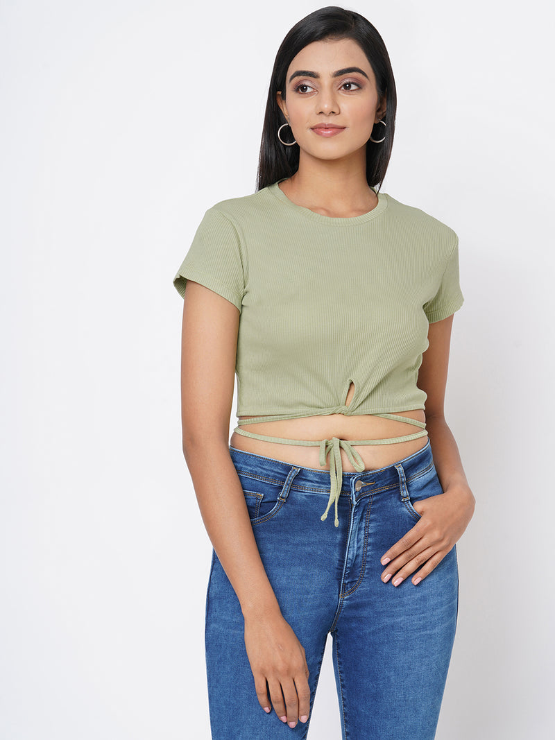 Women Mint Green Solid Tie-Up Rib T-Shirt
