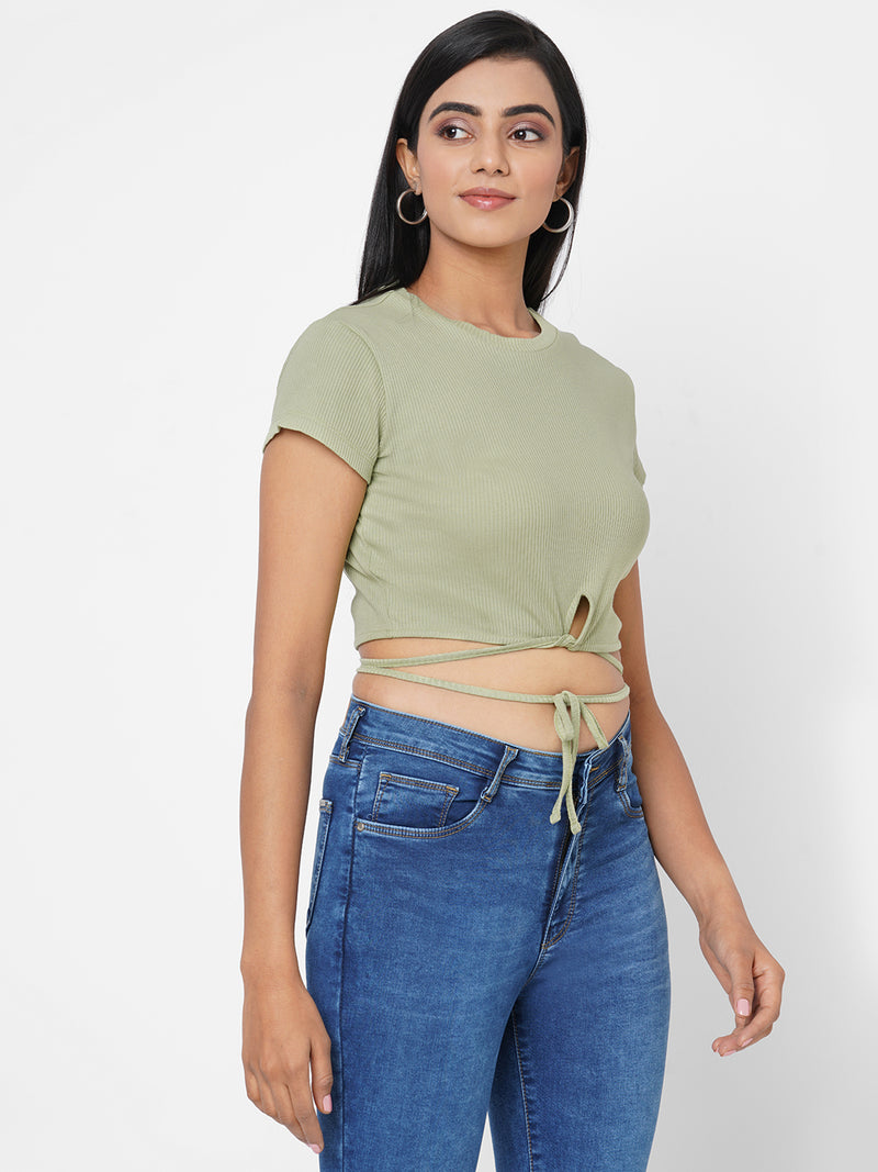 Women Mint Green Solid Tie-Up Rib T-Shirt