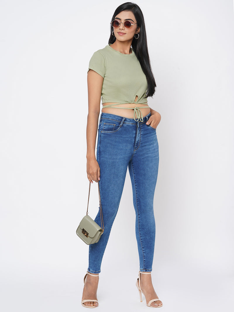 Women Mint Green Solid Tie-Up Rib T-Shirt